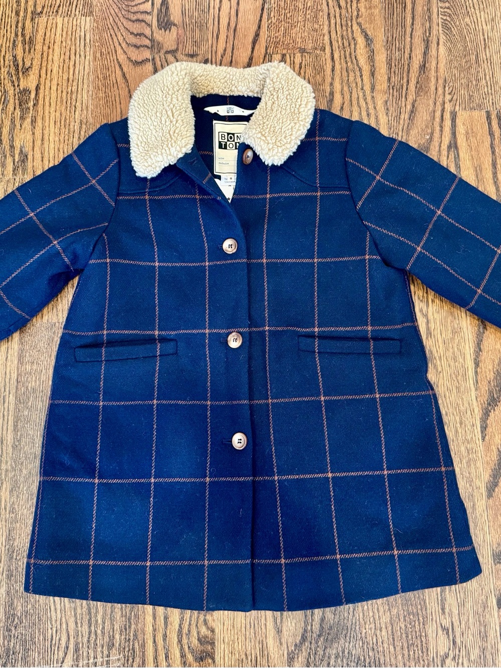 Bonton Navy Coat with Tan Windowpane and Cream Sherpa